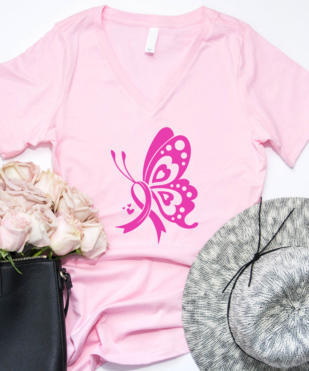Pink Breast Cancer Butterfly V-Neck
